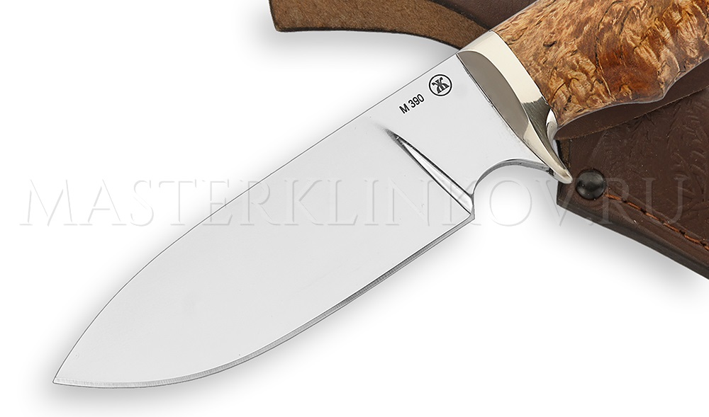 Нож из порошковой стали М390 Бобр, рукоять карельская береза, мельхиор
