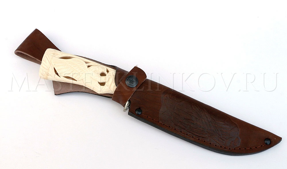 Нож из дамасской стали Фрегат, гравировка, резьба, кость