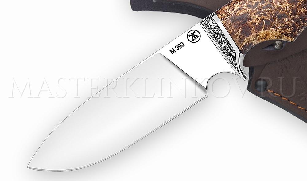 Нож из порошковой стали М390 Бобр, рукоять карельская береза, литье