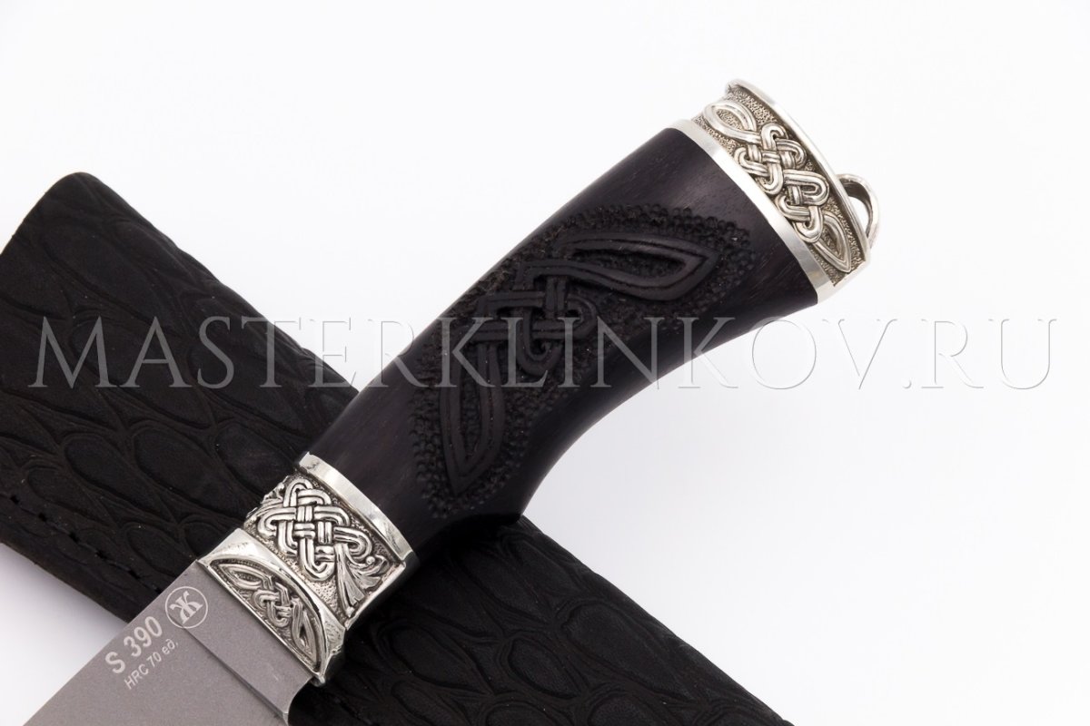 Нож из порошковой стали Böhler S390 Осетр, рукоять — черный граб, гравировка, литье мельхиор