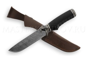 Нож из дамасской стали Глухарь, рукоять - черный граб, резьба Кобра