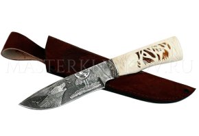 Нож из дамасской стали Волк, гравировка, рукоять - рог лося, резьба