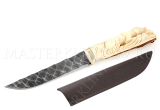 Нож из дамасской стали Лань, оформление клинка - камень, рукоять - рог лося, резьба