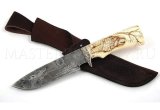 Нож из дамасской стали Волчица, гравировка, рог лося, выжигание