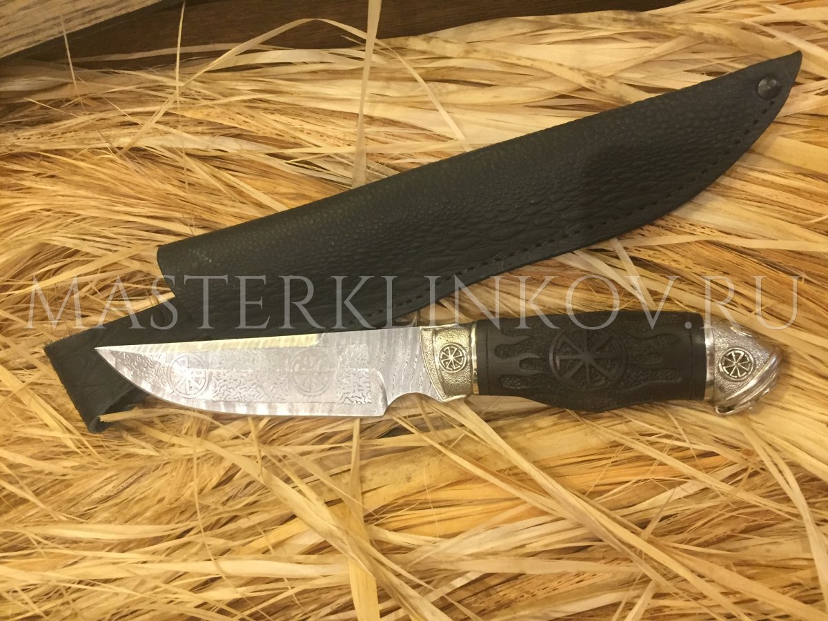Нож из дамасской стали Коловрат, гравировка, граб, литье