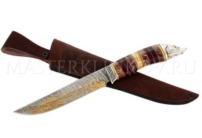 Нож из дамасской стали Осетр, золочение, рукоять - наборная, карельская береза