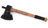 Кованый топор Варяг из дамасской стали, оформление рукояти - кожа, бронза