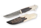 Нож из дамасской стали Егерь, долы, камень, ножны - граб, рог лося