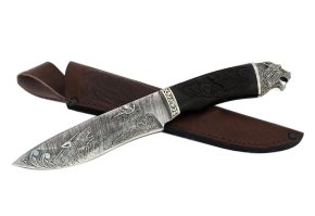 Нож из дамасской стали Беркут, гравировка, рукоять - венге, резьба, литье Волк
