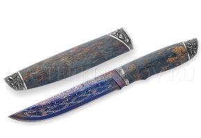 Нож Осетр, мозаичный дамаск, стабилизированная карельская береза