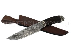 Нож из дамасской стали Медведь, гравировка, рукоять - венге, резьба, литье