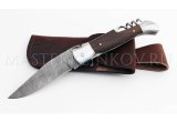 Нож складной из дамасской стали Филин двухпредметный со штопором, рукоять - венге
