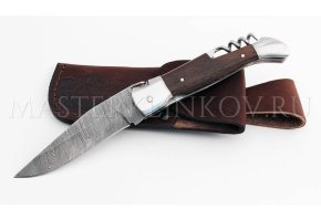 Нож складной из дамасской стали Филин двухпредметный со штопором, рукоять - венге