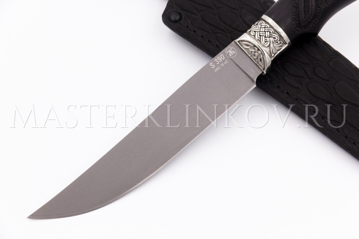 Нож из порошковой стали Böhler S390 Осетр, рукоять — черный граб, гравировка, литье мельхиор