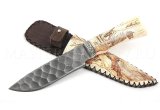 Нож из дамасской стали Волк, камень, рукоять, ножны - рог лося, выжигание