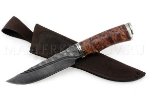 Нож из дамасской стали Медведь, долы, камень, рукоять - карельская береза, литье