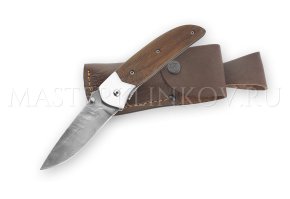 Нож складной из дамасской стали Флинт, рукоять - орех с клипсой