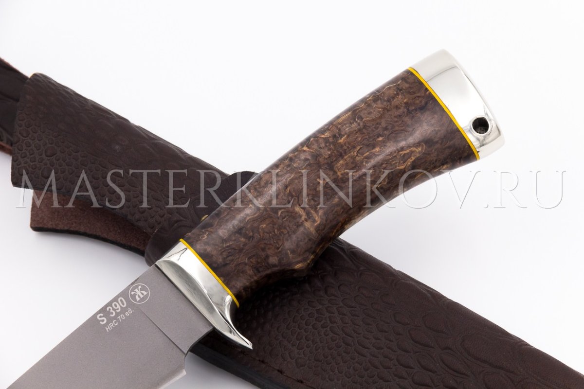 Нож из порошковой стали Böhler S390 Скат, рукоять — стабилизированная карельская береза, мельхиор