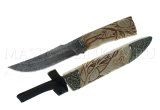 Нож Восток торцевой дамаск, рукоять и ножны - рог лося, резьба, литье