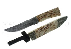 Нож Восток торцевой дамаск, рукоять и ножны - рог лося, резьба, литье