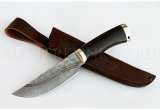 Нож из дамасской стали Егерь, долы, камень, рукоять - черный граб, мельхиор
