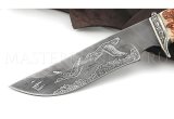 Нож из дамасской стали Цезарь, гравировка утки, рукоять - резьба по кости