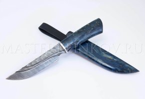 Нож из дамасской стали Золотоискатель, камень, рукоять, ножны - карельская береза