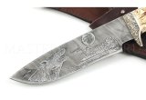 Нож из дамасской стали Волчица, гравировка, рог лося, выжигание