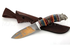 Нож из дамасской стали Бобр золочение, рукоять - наборная карельская береза, литье