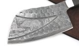 Тяпка цельнометаллическая из дамасской стали, оформление - долы, камень, гравировка Кабан
