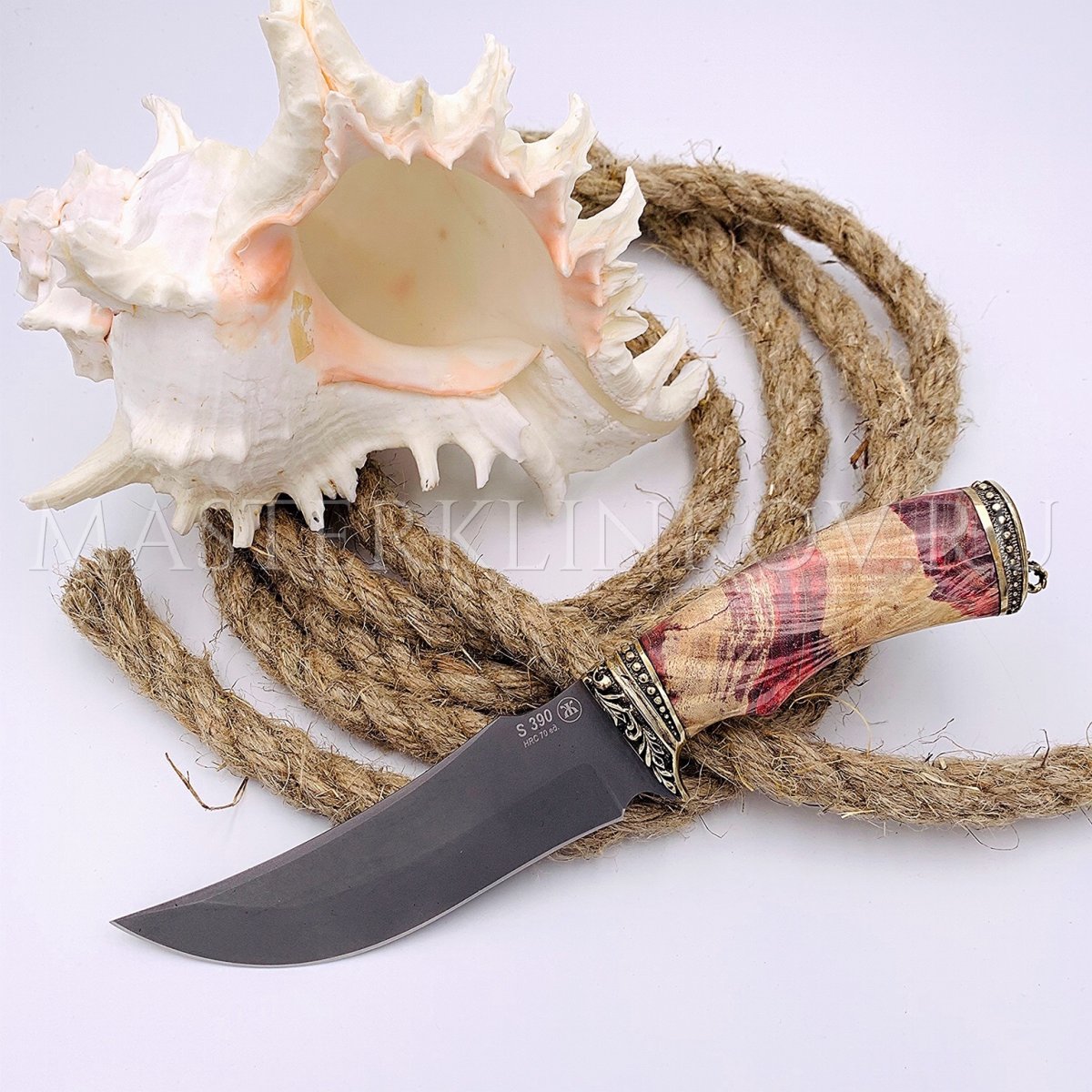 Нож из порошковой стали Böhler S390 Восток, рукоять — стабилизированный кап клена, литье