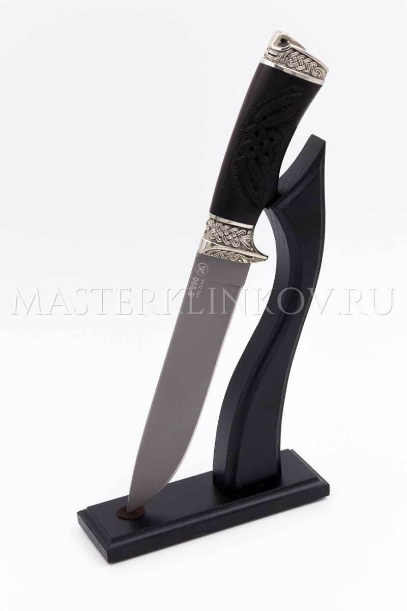 Нож из порошковой стали Böhler S390 Клык, рукоять — граб, резьба, фигурное литье