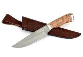 Нож из порошковой стали Vanadis 10 Медведь, рукоять — карельская береза, литье мельхиор