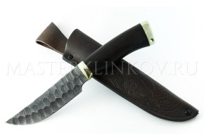Нож из дамасской стали Егерь, оформление камень, рукоять - граб, мельхиор