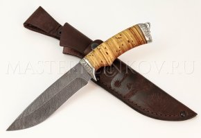 Нож из дамасской стали Близнец, рукоять береста, литье