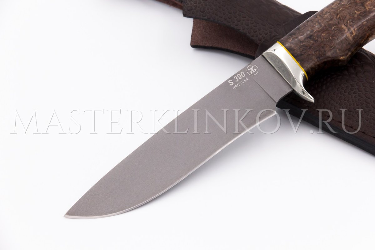 Нож из порошковой стали Böhler S390 Скат, рукоять — стабилизированная карельская береза, мельхиор