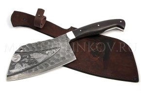 Тяпка цельнометаллическая из дамасской стали, оформление - долы, камень, гравировка волк
