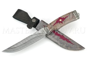 Нож из дамасской стали Осетр, долы, камень, стабилизированная карельская береза с резьбой