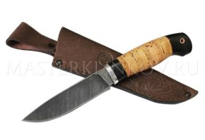 Нож из дамасской стали Финский, рукоять береста, граб