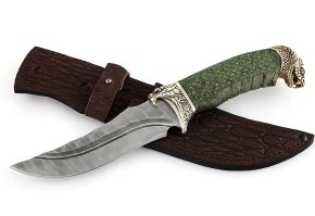 Нож из дамасской стали Восток, долы, камень, рукоять - карельская береза, резьба, литье