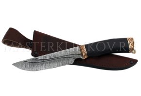 Нож из дамасской стали Золотоискатель, долы, камень, рукоять - черный граб, бронза