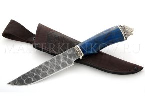 Нож из дамасской стали Медведь,камень, рукоять - карельская береза, литье