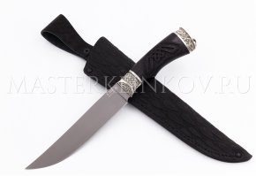 Нож из порошковой стали Böhler S390 Осетр, рукоять — черный граб, гравировка, литье мельхиор