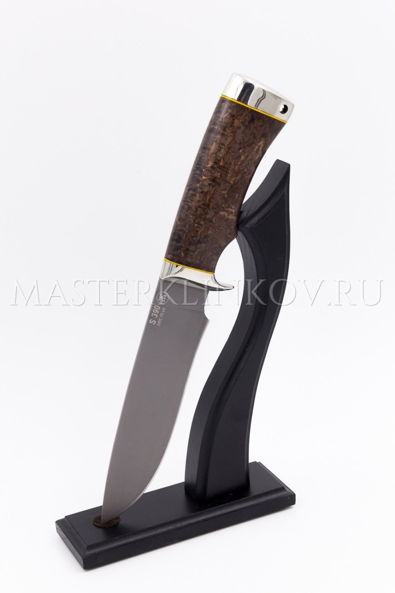 Нож из порошковой стали Böhler S390 Скат, рукоять — стабилизированная карельская береза, мельхиор