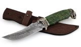 Нож из дамасской стали Восток, долы, камень, рукоять - карельская береза, резьба, литье