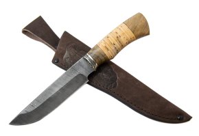 Нож из дамасской стали Медведь, рукоять - береста, орех