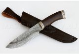 Нож из дамасской стали Волк, долы, камень, рукоять - черный граб