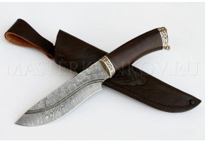 Нож из дамасской стали Волк, долы, камень, рукоять - черный граб