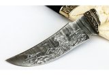 Нож из дамасской стали Восток, рог лося, ножны резные из бивня моржа