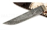 Нож из дамасской стали Осетр, гравировка, рог лося, выжигание